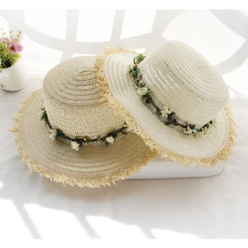 New summer hats for women beach straw hat sun beach accessories sombreros de sol Flat top cap wreath outdoor Parent-child Kids