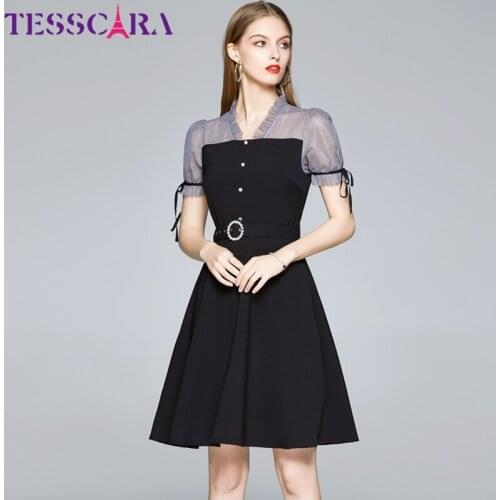 TESSCARA Women Summer Elegant Dress Festa High Quality Vintage Office Cocktail Party Robe Femme Mesh Designer Black Vestidos