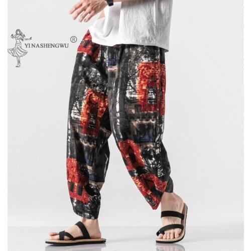 Asian Japanese Traditional Clothes Kimono Pants Male Fashion Chinese style printing stitching pants trend color matching
