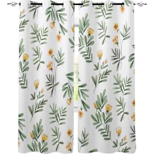 Spring Yellow Flower Green Leaves Bloom Window Curtains LivingRoom Kitchen Curtains Left and Right Biparting Open