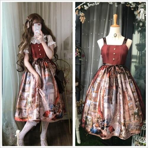 Lolita dress vintage falbala court bowknot cute printing high waist princess victorian dress kawaii girl gothic lolita loli