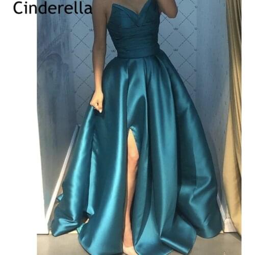 New Arrival Prom Dresses V-Neck Floor Length Sweep Train A-Line Side Slit Satin Prom Dresses vestidos de fiesta de noche