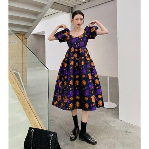 Sweet Gentle Purple Floral Puff Sleeve Jacquard Dress Women Summer Vintage Square Collar Puff Sleeve Elegant Party Dress