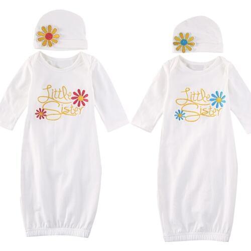 2020 Newborn Baby Girls Long Sleeve Nightwear Nightgown Hat Gown Newborn Baby Girl Flower Sleeping Gown Swaddle Home Outfits