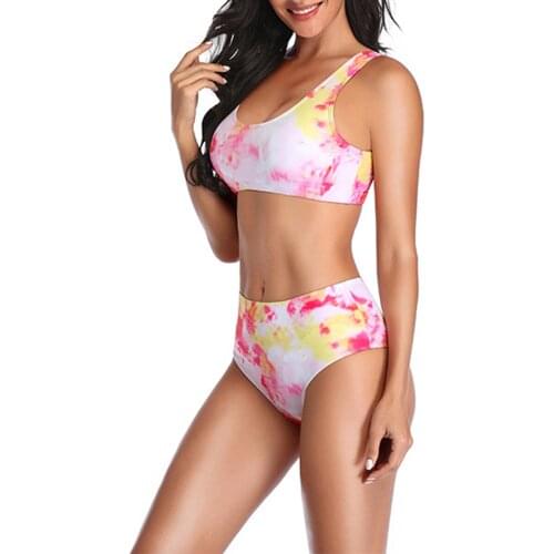 2021 newest Summer Female Swimwear Women' s Tie-Dye Print Two-Piece Swimwear Bikini Set( Red/Pink, S/M/L/XL)