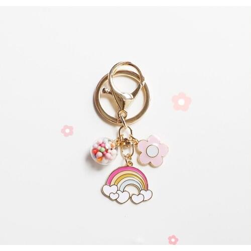 Kawaii Rainbow Glass Ball Key chain Flower Balloon Car Keychain for Women Accessories Couple Pendant Charm Llaveros Originalese