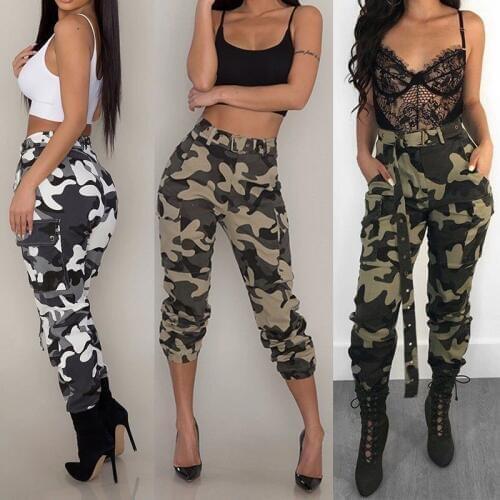 2019 New arrival Women Camo Cargo Trousers Casual Lady Long Pants Camouflage Clothing High Waist Pasnts Pockets without Belt