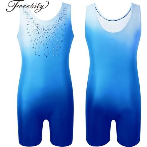 Kids Girls One Piece Shiny Diamond Sleeveless Gradient Color Design Ballet Dance Gymnastics Leotard Unitard Biketard Dancewear