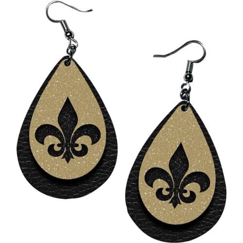 Two Layer Glitter Patriots Football Fans Faux Leather Earrings Black Gold Teardrop Earrings Made To Order