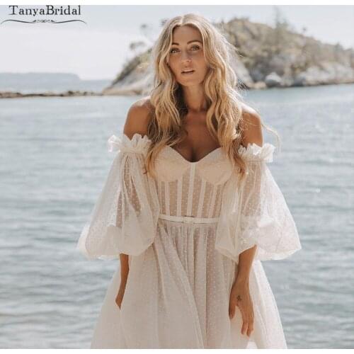 Lantern Sleeve Dot Tulle Wedding Dresses A Line Sweetheart Boho Bridal Gowns Romantic Vestido de Noivas DW479