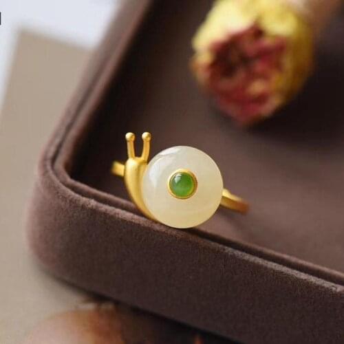 Natural Hetian white jade snail opening adjustable ring Chinese style retro creative light luxury elegant womens silver jewelry