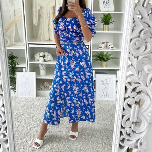 2021 New Boho Print Skirt Set Autumn Floral 2 Piece Sets Half Sleeve Tops Long Split Skirt Suit Summer Vintage Holiday Outfits