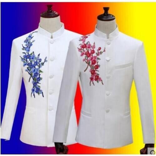 Fashion Men Suits White Red Flower Embroidery Celebrate Blazer Pants Set Male Singer Costume Performance Evening Dress