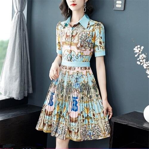 Dress Summer Women New Fashion Casual Pleated Vintage Print Dresses Short Sleeve Turn-Down Collar Elegant Female Vestidos G1176