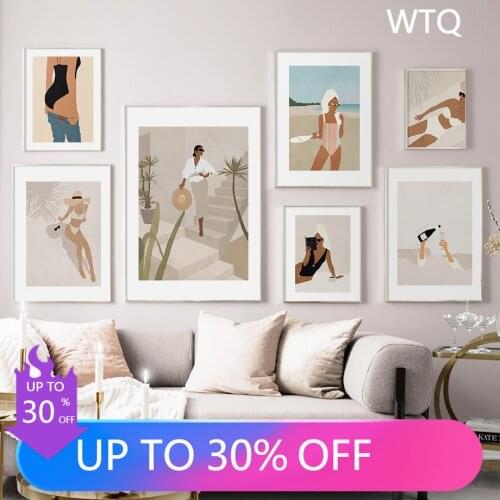 Fashion Girl Sea Beach Canvas Painting Summer Swimwear Wall Art Nordic Posters and Prints Pictures Living Room Home Decoration