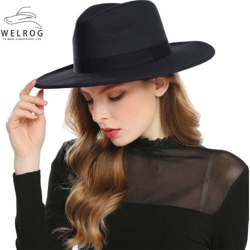 WELROG Autumn Mens Flat Brim Hat Retro Wide Brim Panama Hat Belt Buckle Women&Men Winter Fedora Hat