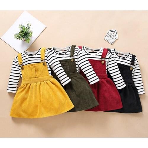 Spring new baby Striped Long Sleeve + Corduroy Sling Skirt 2 Piece Set for Children baby girl 1-4 years old suit