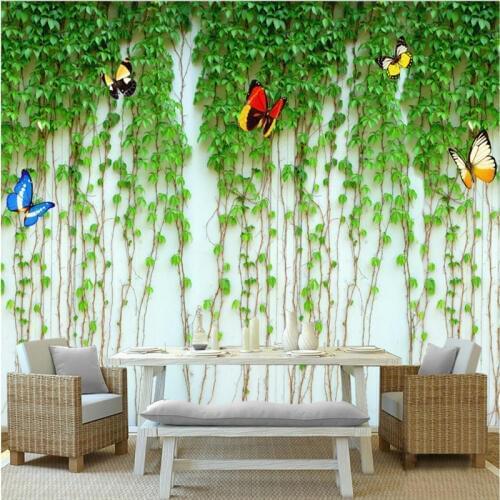 Beibehang Wallpaper Mural Wall Sticker Green Leaf Flower Butterfly Brick Wall TV Background Wall papel de parede