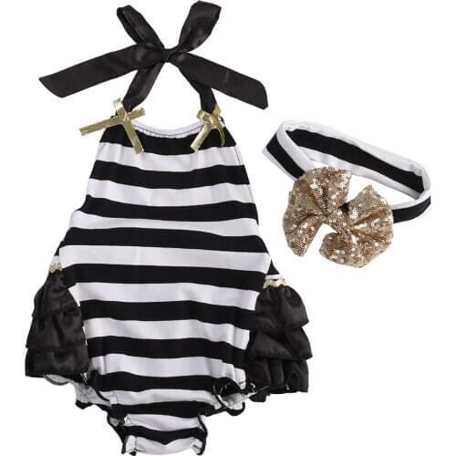 2Pcs Newborn Kids Baby Girls Clothes Stripe Jumpsuit Romper + Headband Outfits Bowknot Headband Outfit Baby Sunsuit 0-24 M