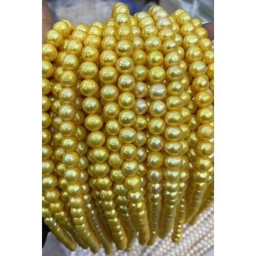 Wholesale 9-10MM Dyed Gold Pearl Necklace Strand String Jewelry Beads Accessory Near Round Shape