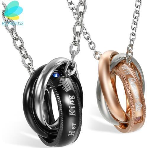 Boniskiss "Her King"&"His Queen"Lovers Necklace Pendant Fashion Romantic Stainless Steel Couples For Wedding Women/Men Jewelry