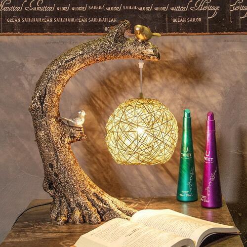 Resin Rattan Wicker Led Desk Table Lamps Art Tree Bird Lights Home Deco Living Room Bedroom Bedside Lamp Study Lamp Tafellamp