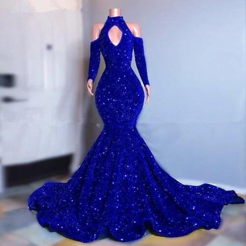 Plus Size Royal Blue Sparkly sequins Prom Dresses Long Sleeves Mermaid Evening Gowns 2021 Off Shoulder Women Formal Dress