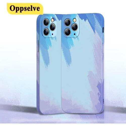 Luxury Original Square Liquid Silicone Case For iPhone 12 11 Pro Max Mini XS Max 7 8 6s Plus SE 2020 Watercolor Shockproof Coque