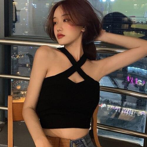 Sexy Halter Camisole Korean Style Clubwear Solid Color Cutout Design Vest Backless Cross Straps Slim Crop Tank Tops For Women