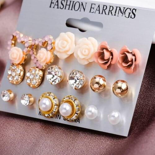 9 Pairs/Set Womens Crystal Pearl Flower Ear Studs Earrings Elegant Jewelry Gift