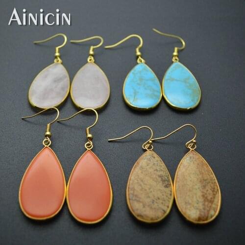Semi-precious Stone Water Drop Gold Surround Hook Earrings Fashion Women Dangle Earring Party Jewelry Gift