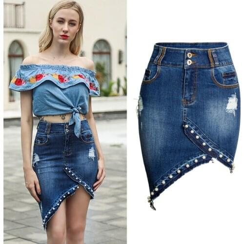 Women Denim Skirt Ripped Jean Asymmetrical Elegant High Waist Sexy Pearl Wrap Skirt Irregular Outfits Clothing Plus Size 3XL
