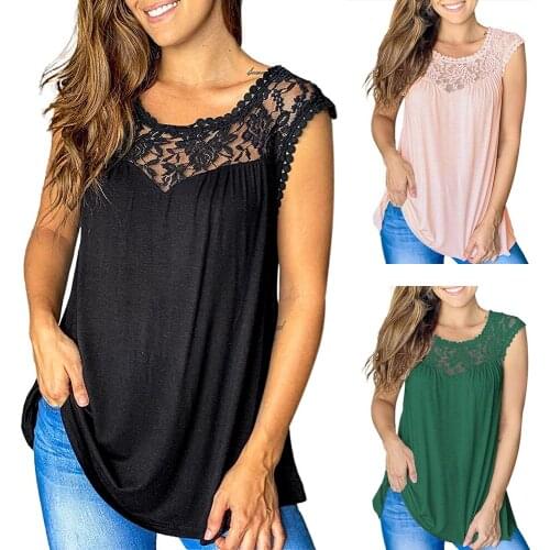 Lace Trim Pullover Shirt Women Casual Round Neck Embroidered Tank Tops Flowy Blouse Solid Color Sleeveless Tunic Spring Summer