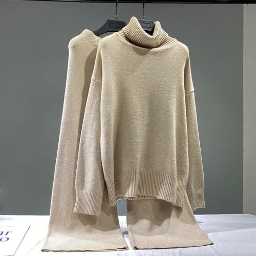 High Waist Knited Wide Leg Pants Suits Women Turtleneck Jumper Sweaters Outfit Womans Two Pieces Set 2021