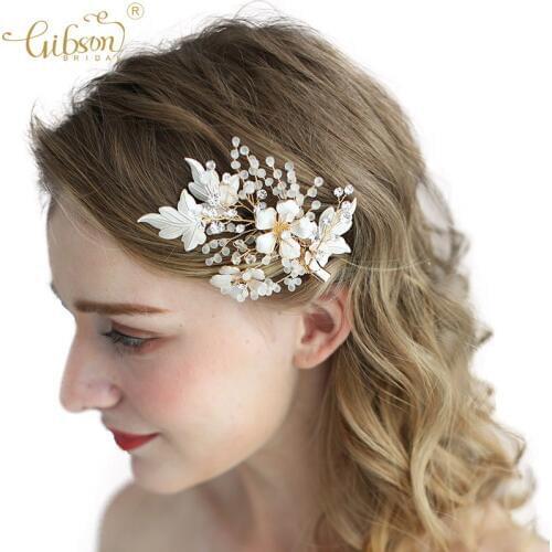 Handmade Women Headpiece Gold Bridal Hair Clip Barrette Frosted Beads Wedding Dress Hair Accessories