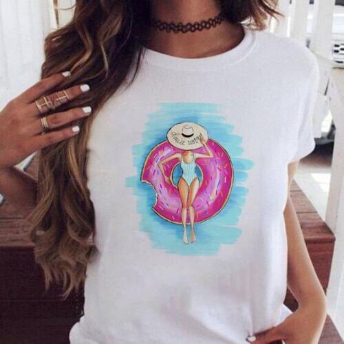 Holiday Swimming Girl Print Women Harajuku Top Fashion Ladies Tumblr Graphic Grunge White Tshirts Shirt Streetwear Outfits