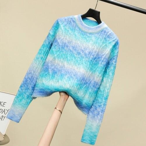 2021 Autumn new womens o-neck long sleeve gradient rainbow color knitted sweater pullover tops jumpers plus size SML