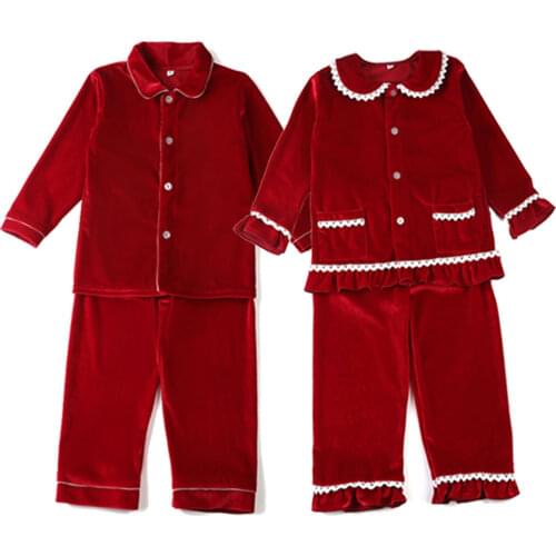 Winter Boutique Velvet Fabric Red Kids Clothes Pjs With Lace Toddler Boys Set Pyjamas Girl Baby Sleepwear