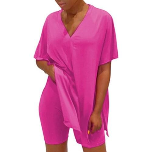 1 Set Women Pajama Set Sleep Outfit V-neck T-shirt High Waist Shorts Two Piece Solid Color Fashion Casual Lounge Homewear Summer