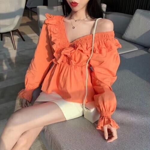 2021 Spring Autumn New Women Fashion Korean Style Chiffon Ruffled Shirt Slim Temperament Solid Color V-neck Blouse Blusa Y344