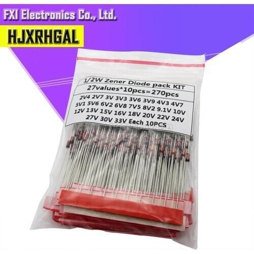 270pcs/lot 0.5W Zener Diode kit Assortment Set 1/2W 2V4-33V Zener Diode pack 12V 18V 5V1 5V6 3V3 3V6 4V3 4V7 6V2 6V8 7V5 20V 22V