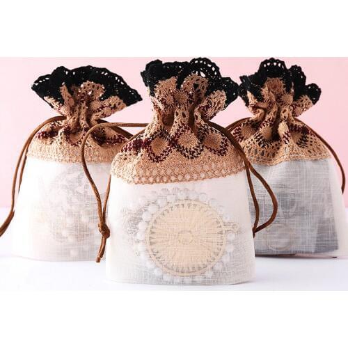 12 Pcs 10x14cm Coffee Color Drawstring Wave Lace Yarn Bag for DIY Sundries Craft Pouch Gift Candy Bag Wedding Party Decor Bag