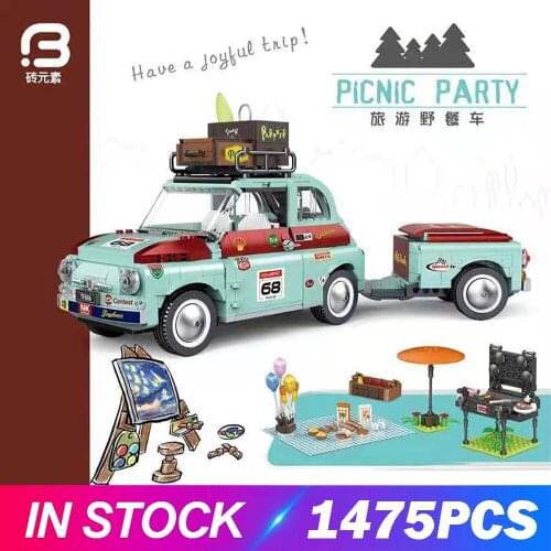 MOC City Creative Tourist Picnic Car Trailer Tractor Diy Building Block Transport Mini Green Vehicle Brick Car Bricks Toys Gifts