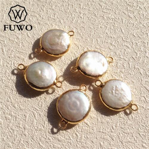 FUWO Round Freshwater Pearl Connector Pendant With 24K Gold Filled Rim High Quality Double Bail Charm For Jewelry Making PD507
