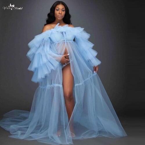 LZY013 Sexy Sky Blue Tulle Maternity Robe For Photo Shoot Custom Made Long Women Dress Sheer See Through Mesh Maternity Dresses