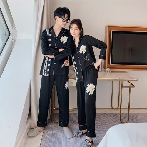 Couple Silk Satin Printed Pajamas Pyjamas Set Long Sleeve Sleepwear Pijama Suit Women And Man Sleep 2Pcs Loungewear Nightwear