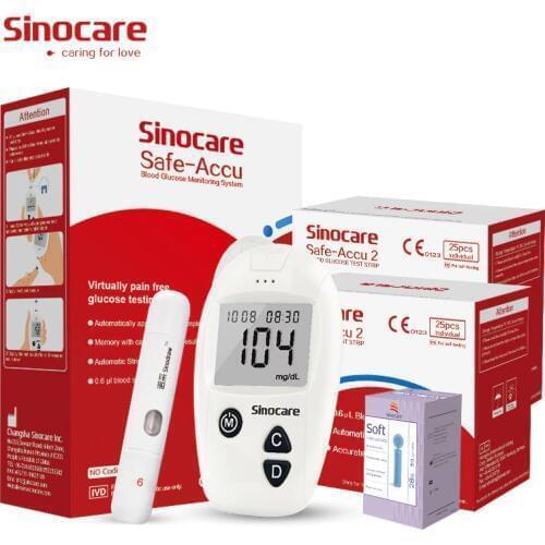 Sinocare Safe-Accu Blood Sugar Meter Glucometer Kit Test Strips Needles Lancets Medical Diabetes Tester Monitoring System