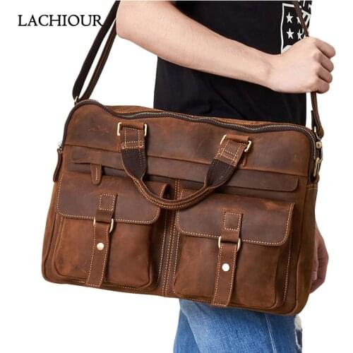 15.6 inch Laptop Bag Men Large Genuine Leather Handbag Male Crazy horse Leather Shoulder Bag Brand Cow Leather Briefcase