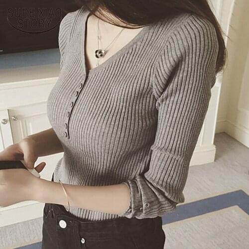 Slim Sexy V-neck Knitted Pullover Fashion All-match Sweet Sweater Autumn New Solid Clothes Winter Long Sleeve Bottom Shirt 17193