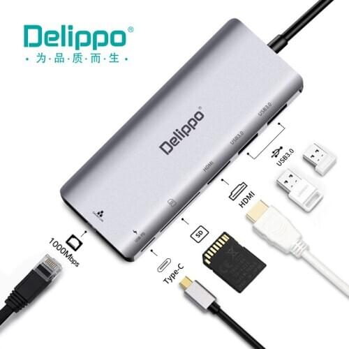 Delippo USB C Hub adapter 4K HDMI 2USB 3.0 Ports Type C Adapter SD Card Reader 1000M Ethernet ports 6 IN 1 multifunction adapter